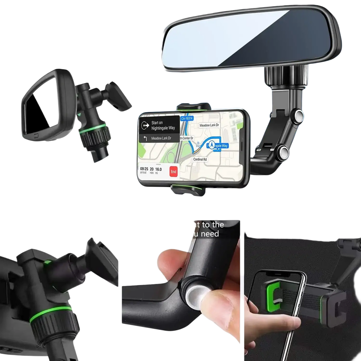 Black adjustable phone mount with green accents for rearview mirror installation with 360 rotatable hold