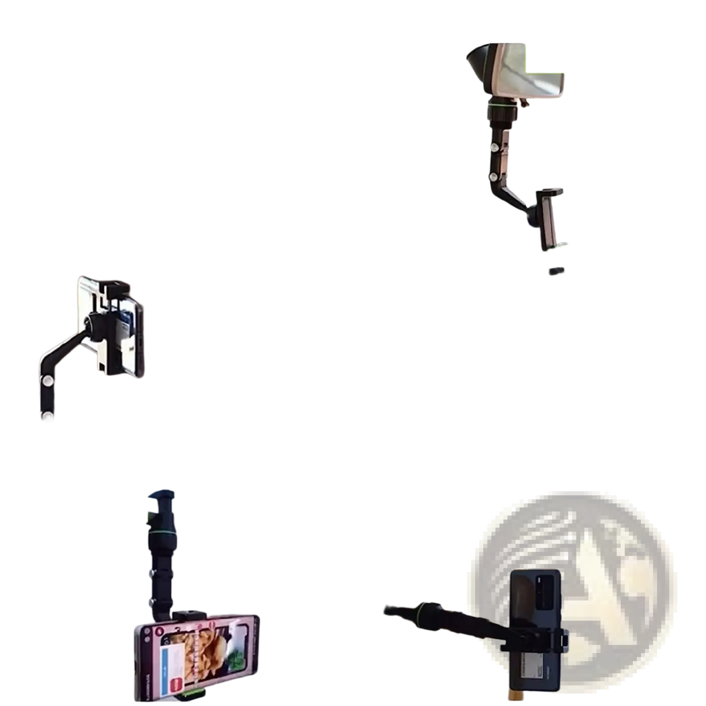 Black adjustable rearview mirror car phone holder with articulated arm and 360 rotatable clamp mechanism
