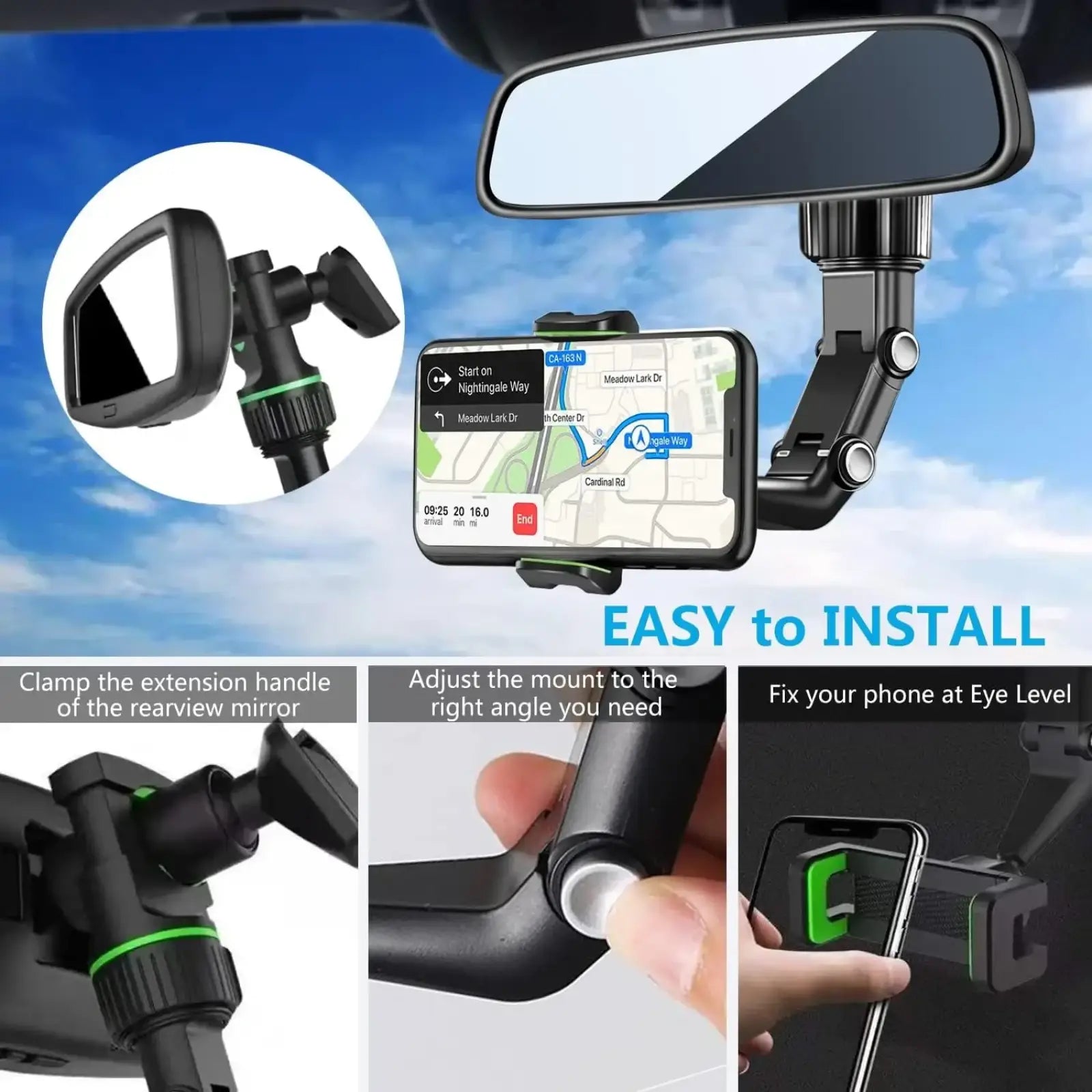 Black adjustable phone mount with green accents for rearview mirror installation with 360 rotatable hold