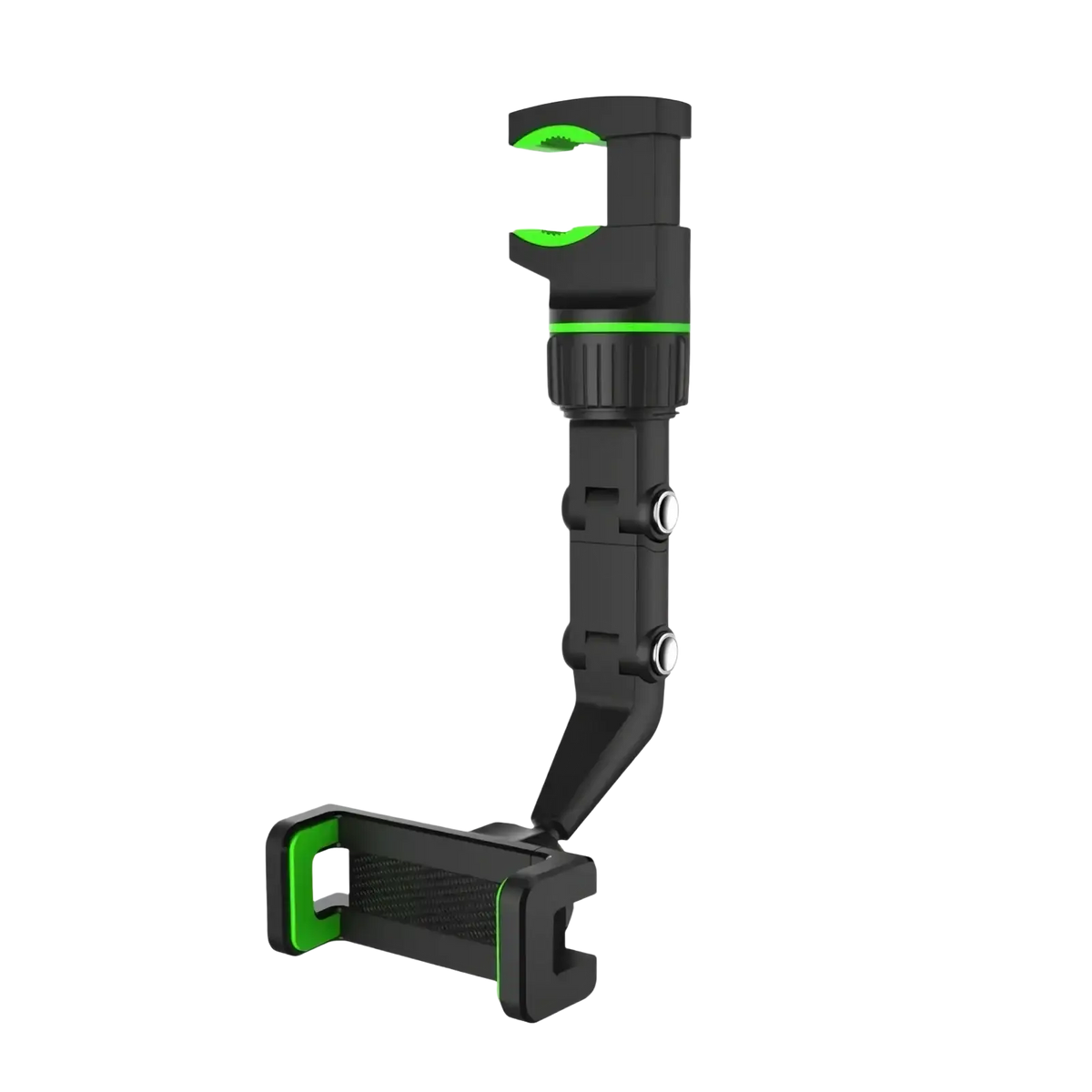 Black and green adjustable rearview mirror car phone holder with flexible arm and textured grip 360 rotatable design