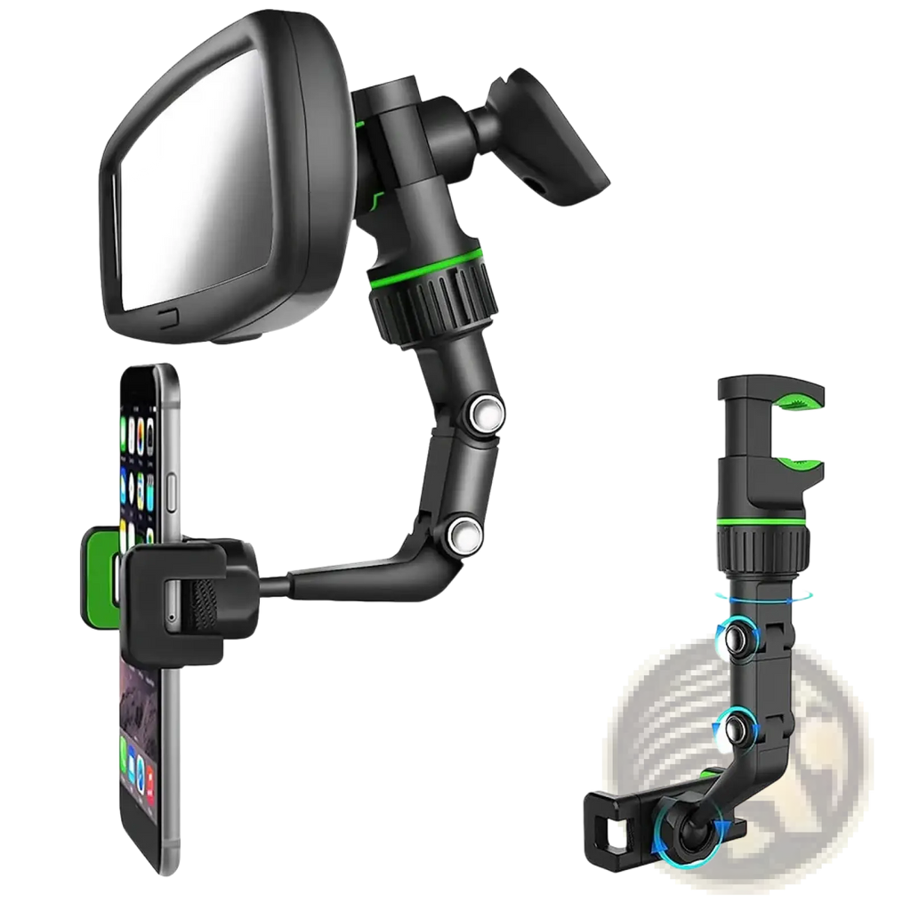 Black and green adjustable rearview mirror car phone holder with 360 rotatable mount for secure device placement
