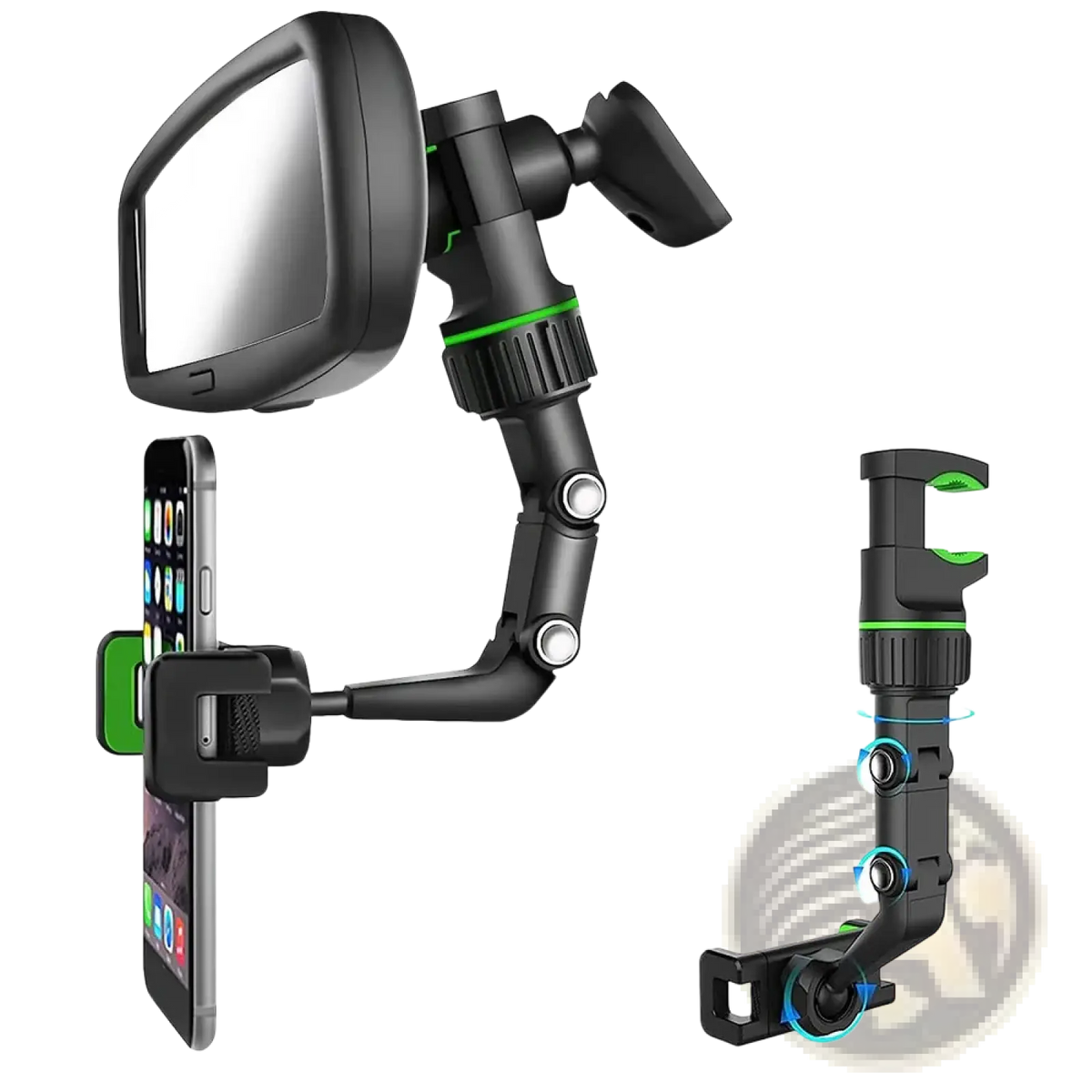 Black and green adjustable rearview mirror car phone holder with 360 rotatable mount for secure device placement
