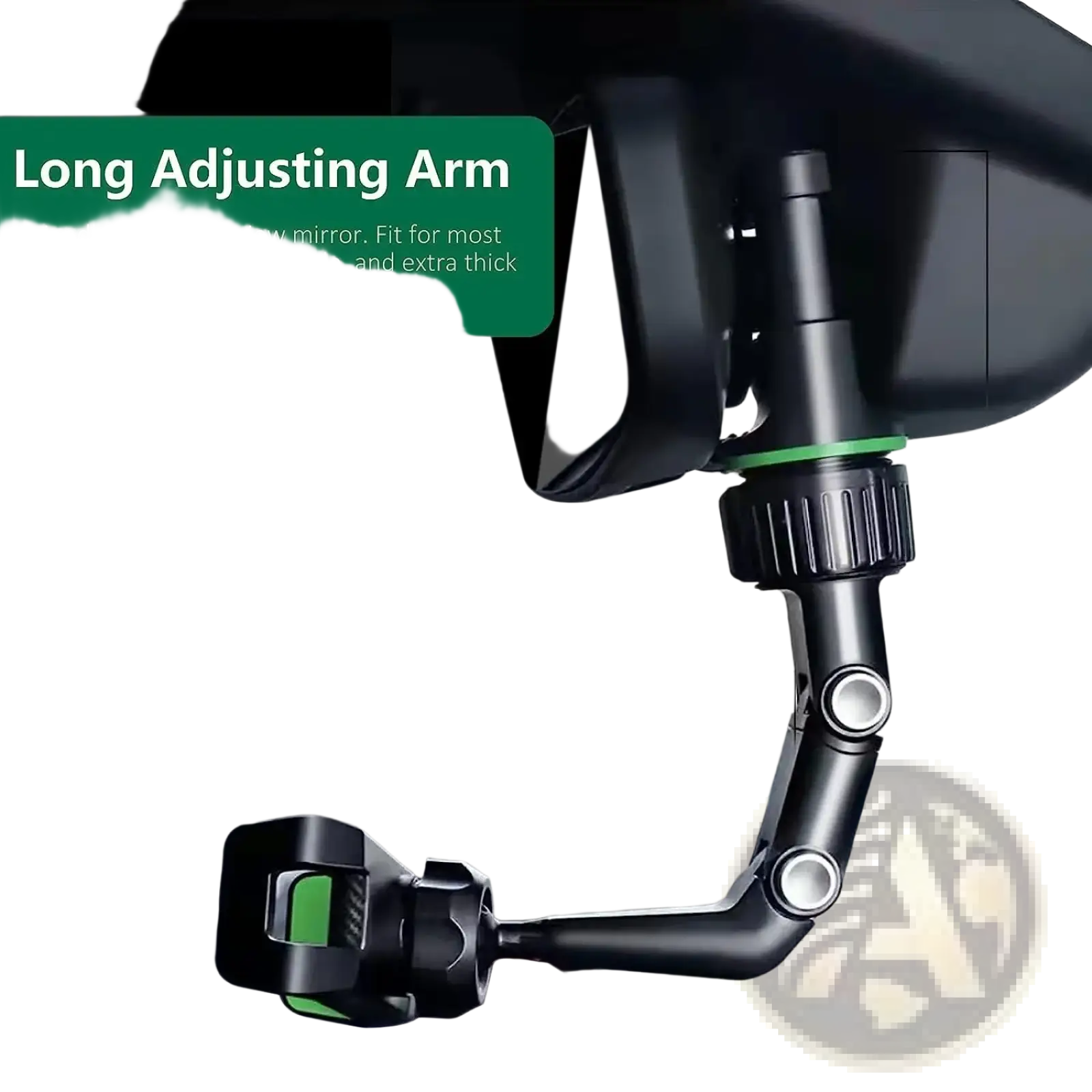 Rearview mirror car phone holder in black and green with adjustable 360 rotatable mount and long extending arm for smartphone or driving recorder