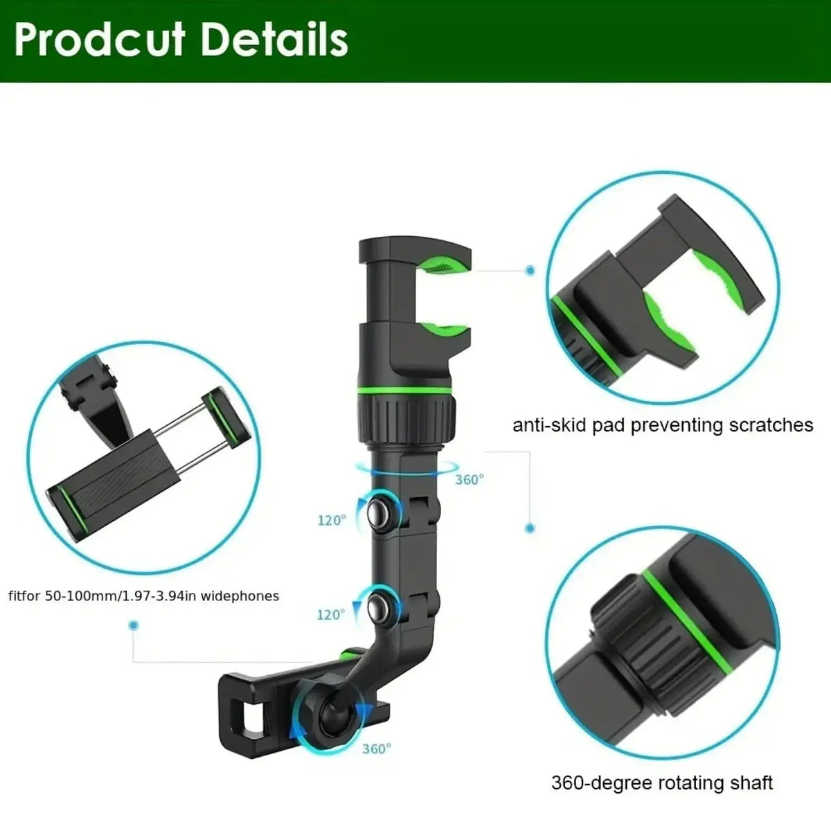 Rearview mirror car phone holder in black and green with 360-degree rotating adjustable shaft for secure mounting