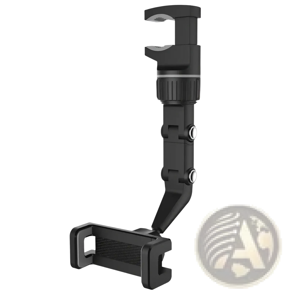 Black rearview mirror car phone holder with adjustable flexible arm textured grip and 360 rotatable feature