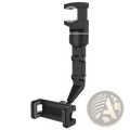 Black rearview mirror car phone holder with adjustable flexible arm textured grip and 360 rotatable feature