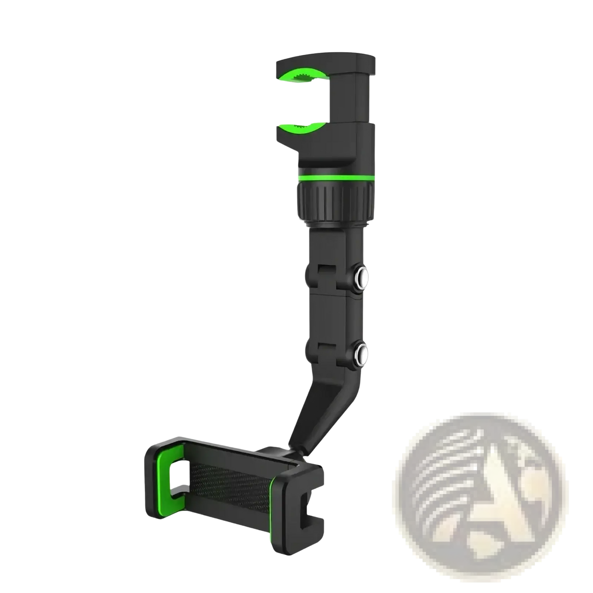 Black and green adjustable rearview mirror car phone holder with flexible arm and textured grip 360 rotatable design
