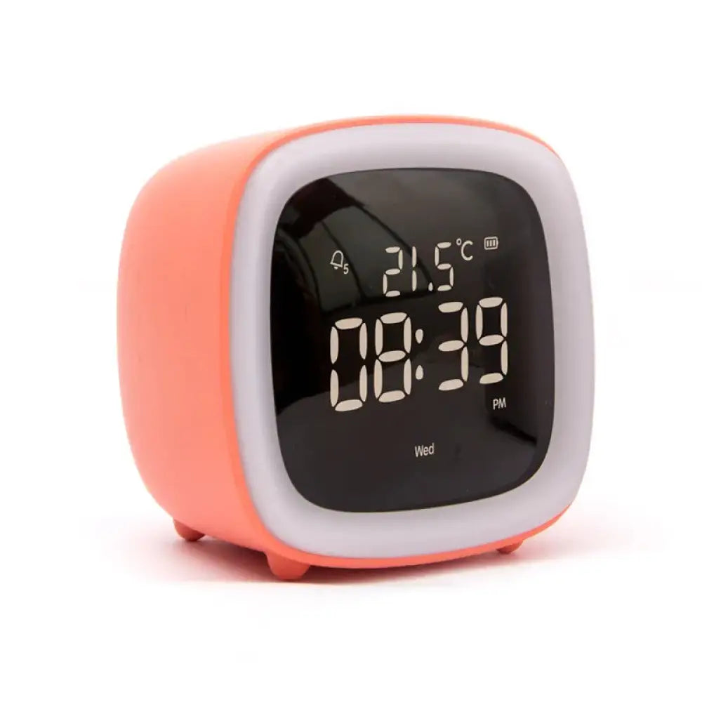 Coral-colored kids animal digital alarm clock with white bezel night light temperature and day display
