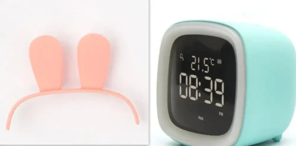 Kids animal digital alarm clock with night light and temperature features pastel pink silicone bunny ear headband