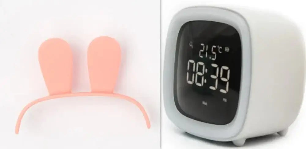 Pastel pink silicone bunny ear headband shown with kids animal digital alarm clock featuring night light and temp display