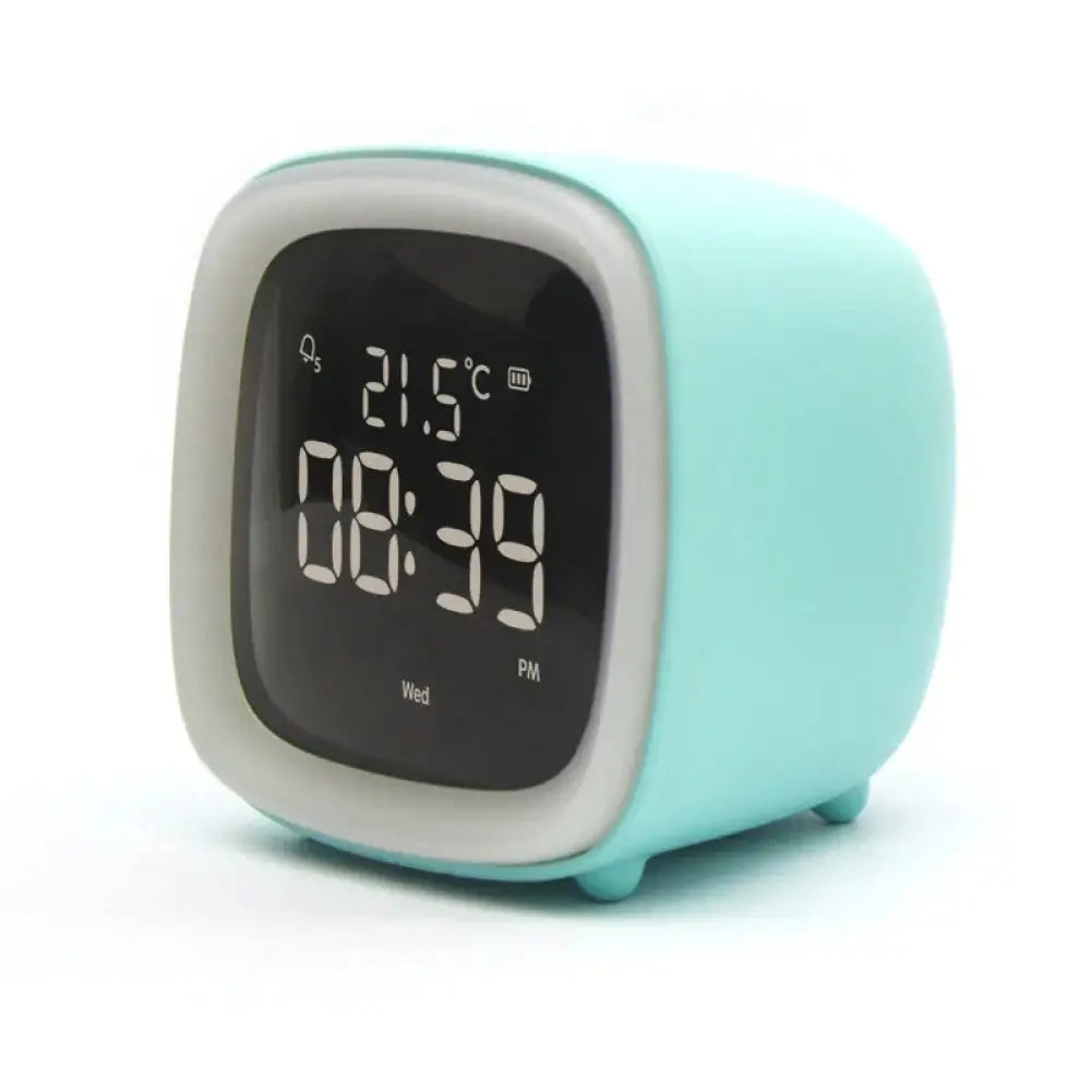 Pastel blue kids animal digital alarm clock with night light and temp features and gray trim around the screen