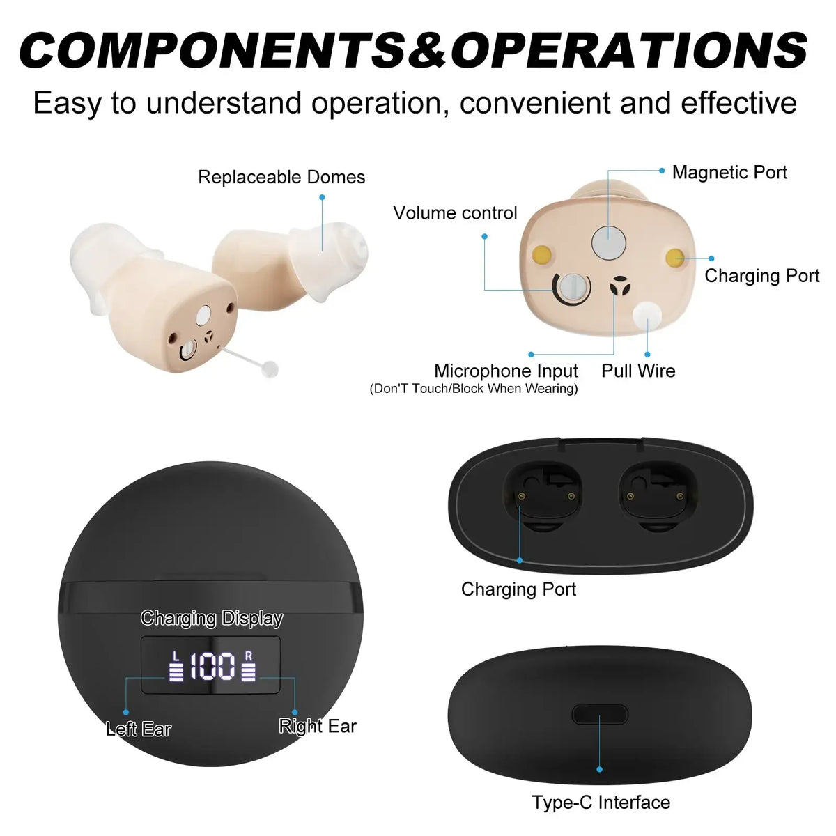 Beige and black rechargeable digital hearing aids with replaceable domes and charging case showing battery levels