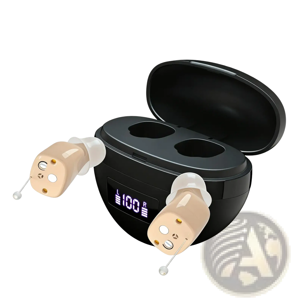Beige in-ear rechargeable digital hearing aids with black charging case displaying l100r model number visible