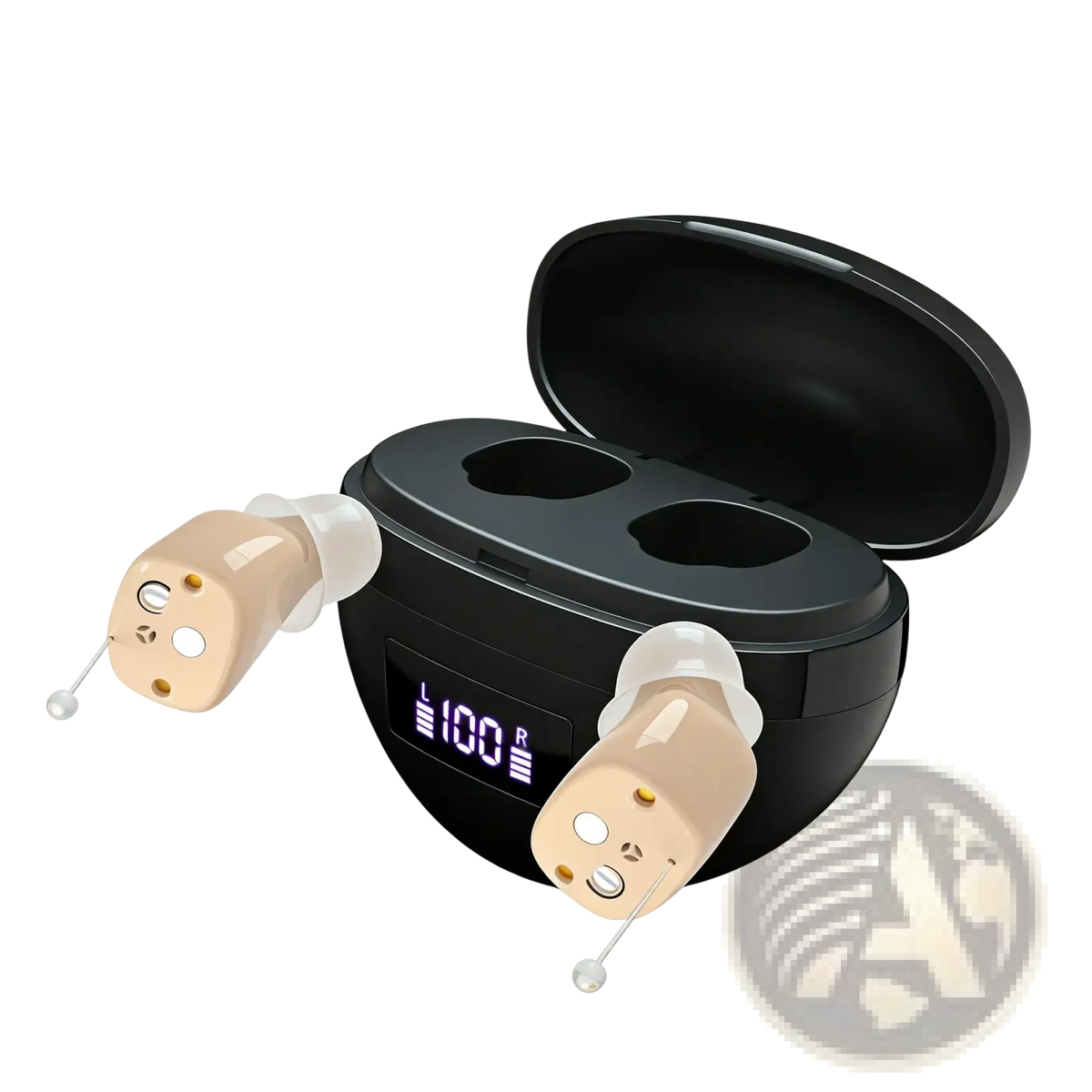 Beige rechargeable digital in-ear hearing aids with black charging case displaying l100r model number