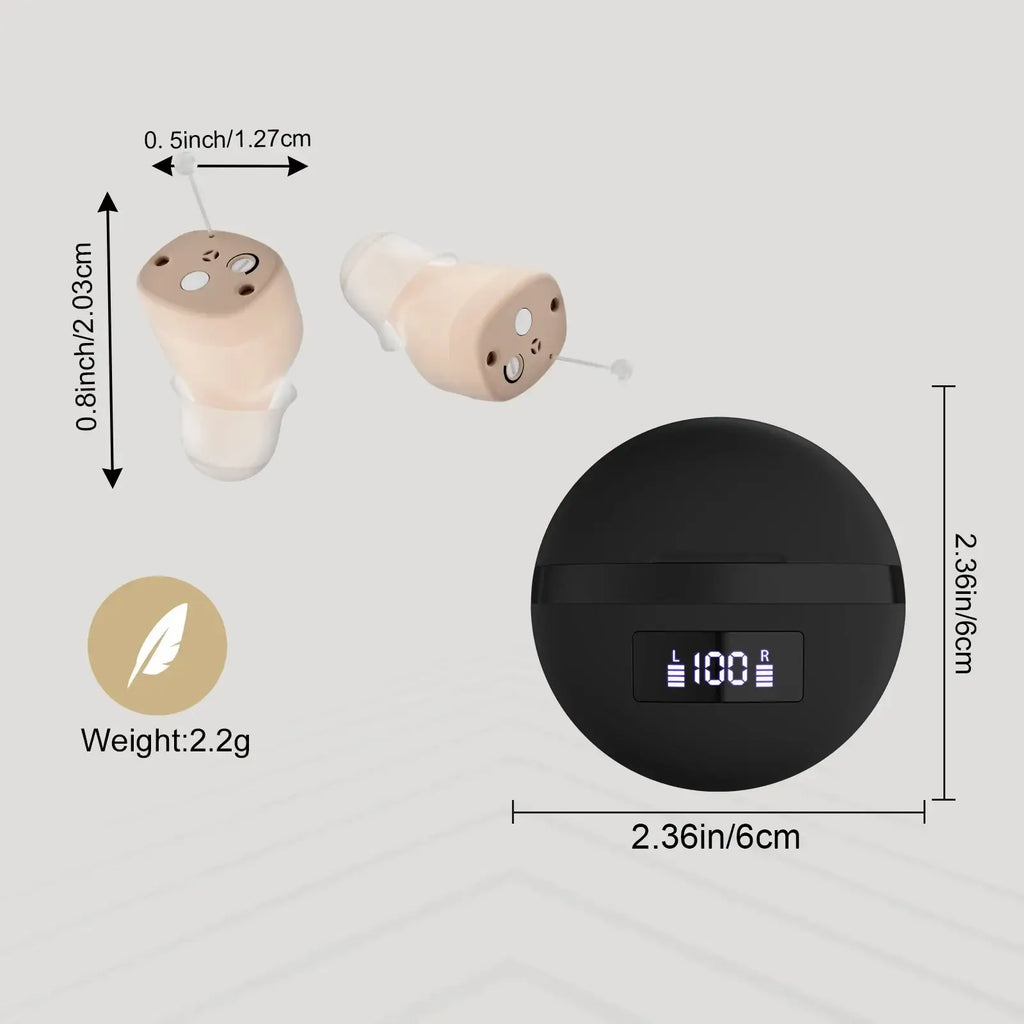 Beige and white lightweight rechargeable digital behind-the-ear hearing aids with a matching black charging case