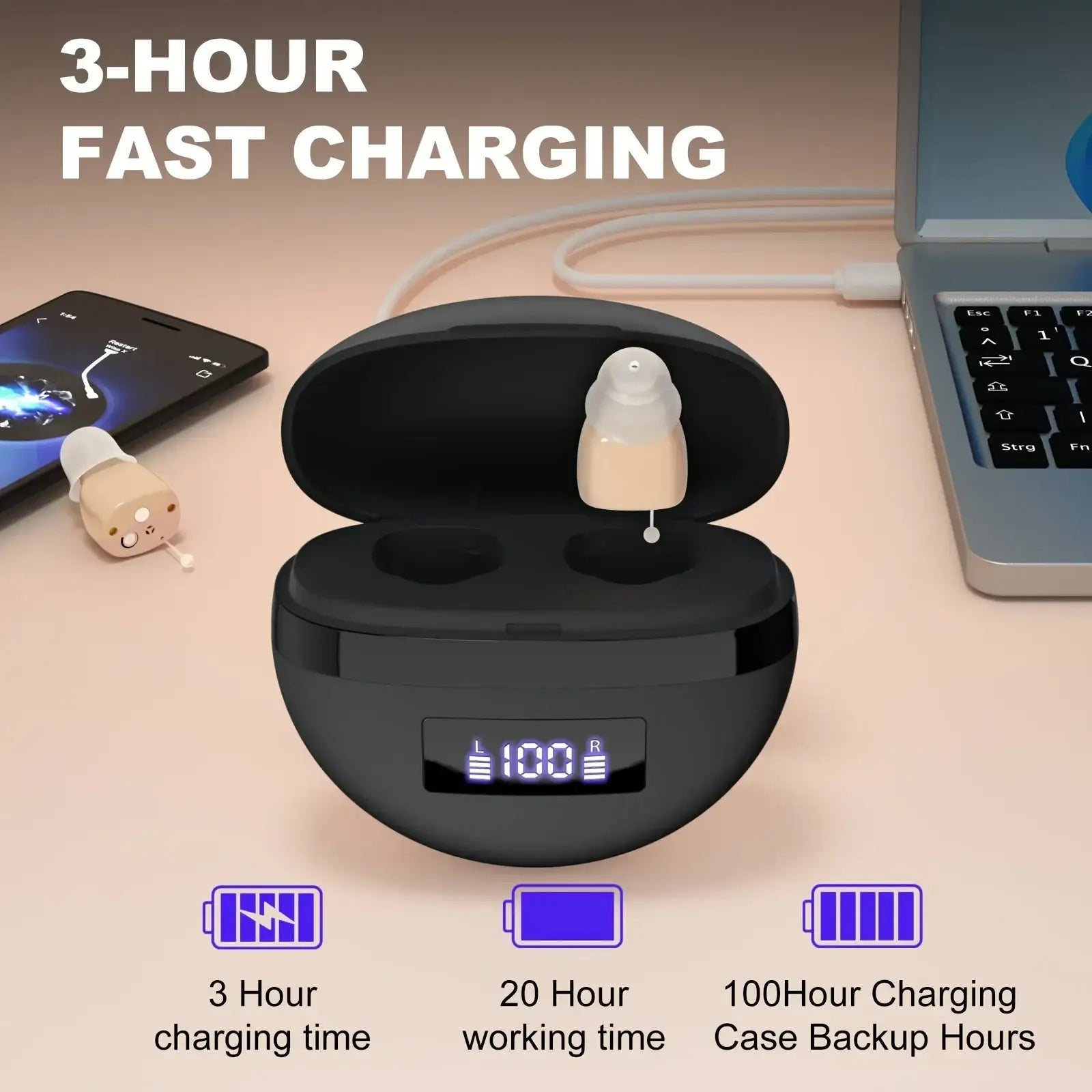 Black oval-shaped rechargeable digital hearing aids charging case with 100% battery display holding one beige in-ear hearing aid