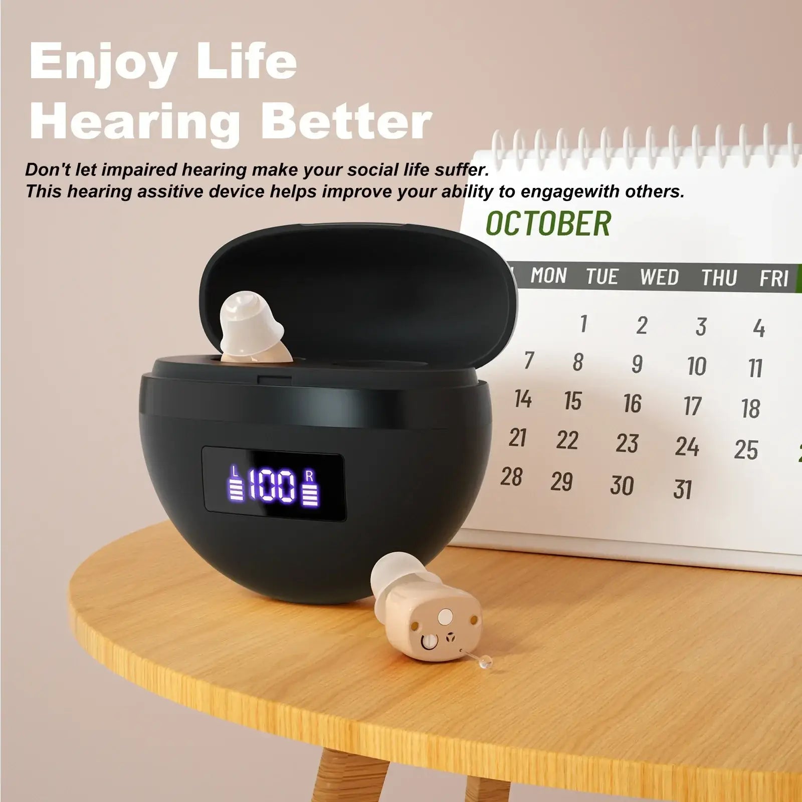 Beige smiling hearing aid in a black spherical rechargeable digital charging case with digital display