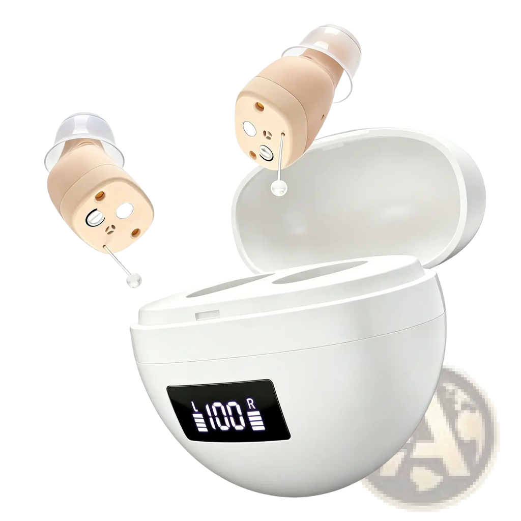 Beige rechargeable digital in-ear hearing aids with clear silicone tips inside white charging case showing battery level
