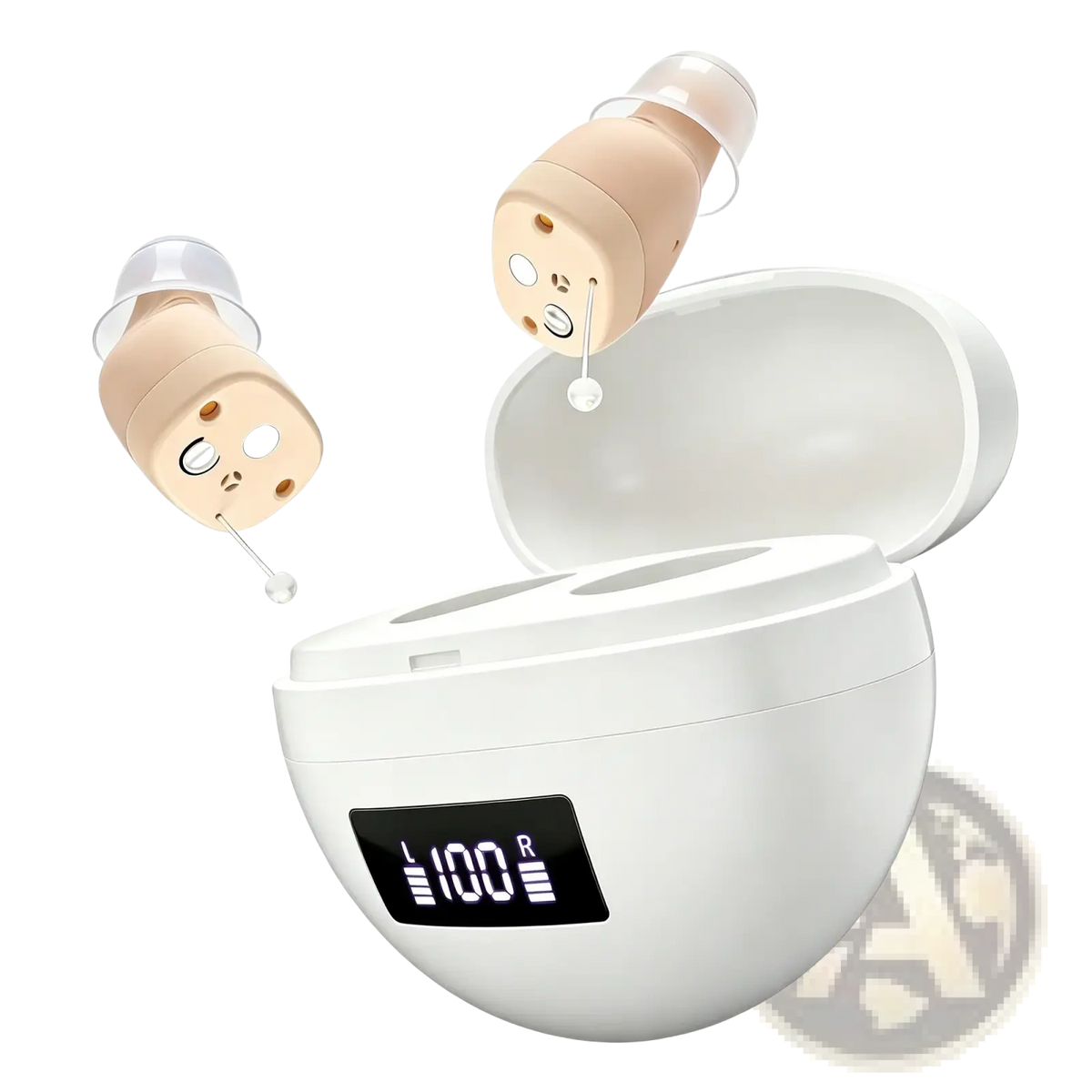 Beige rechargeable digital in-ear hearing aids with clear silicone tips inside white charging case showing battery level