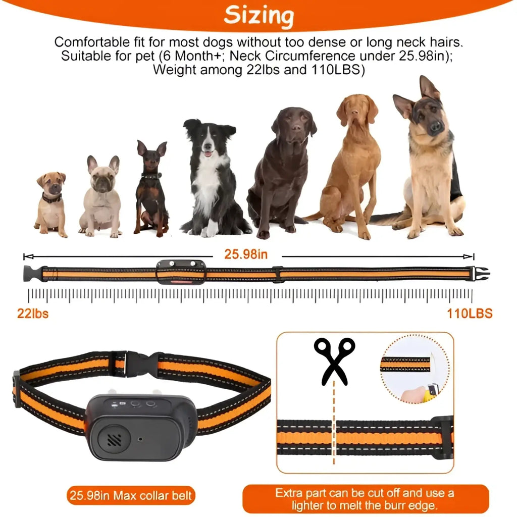 Rechargeable dog training collar with remote featuring an orange and black striped band and black electronic module