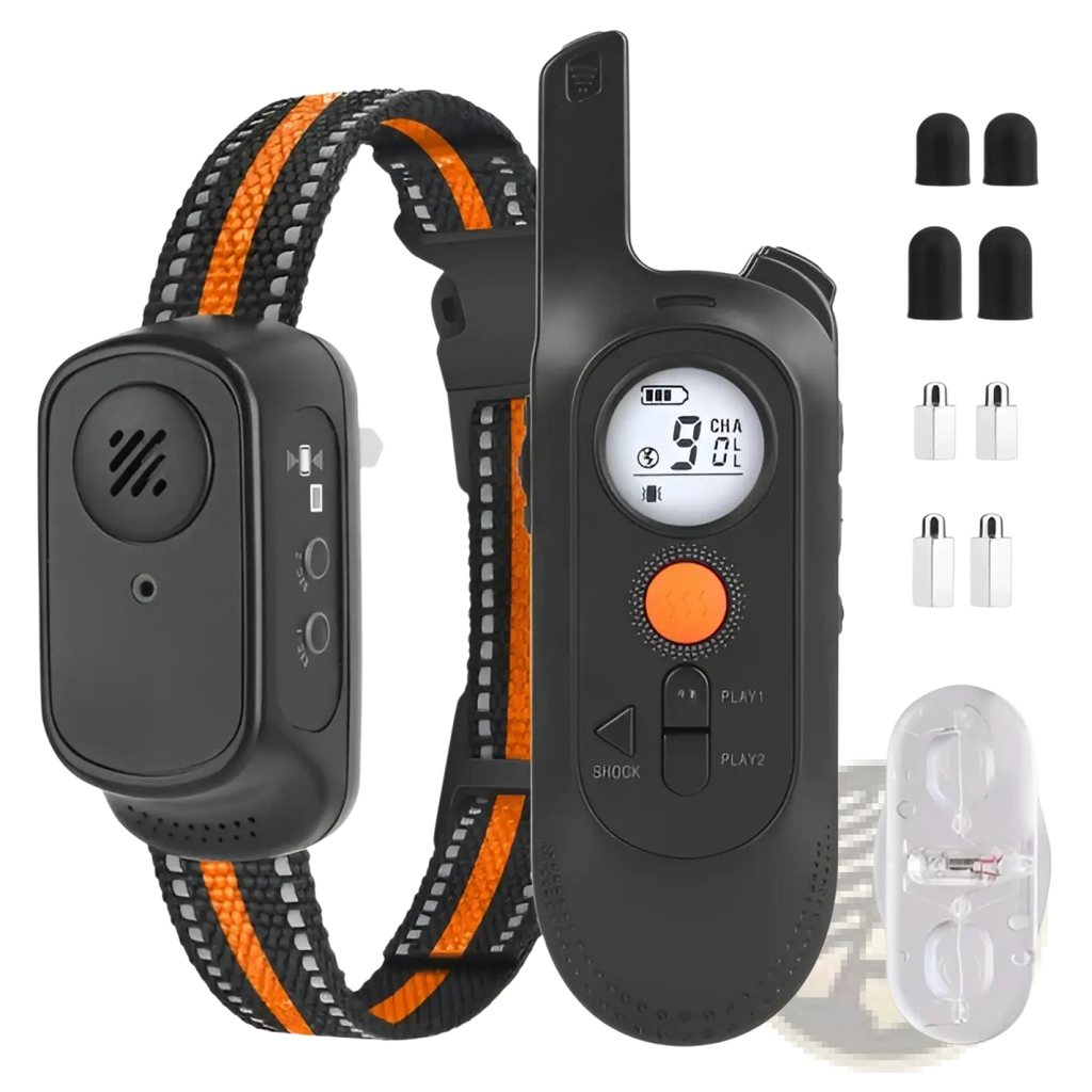 Rechargeable black and orange dog training collar with remote featuring lcd screen displaying channel settings