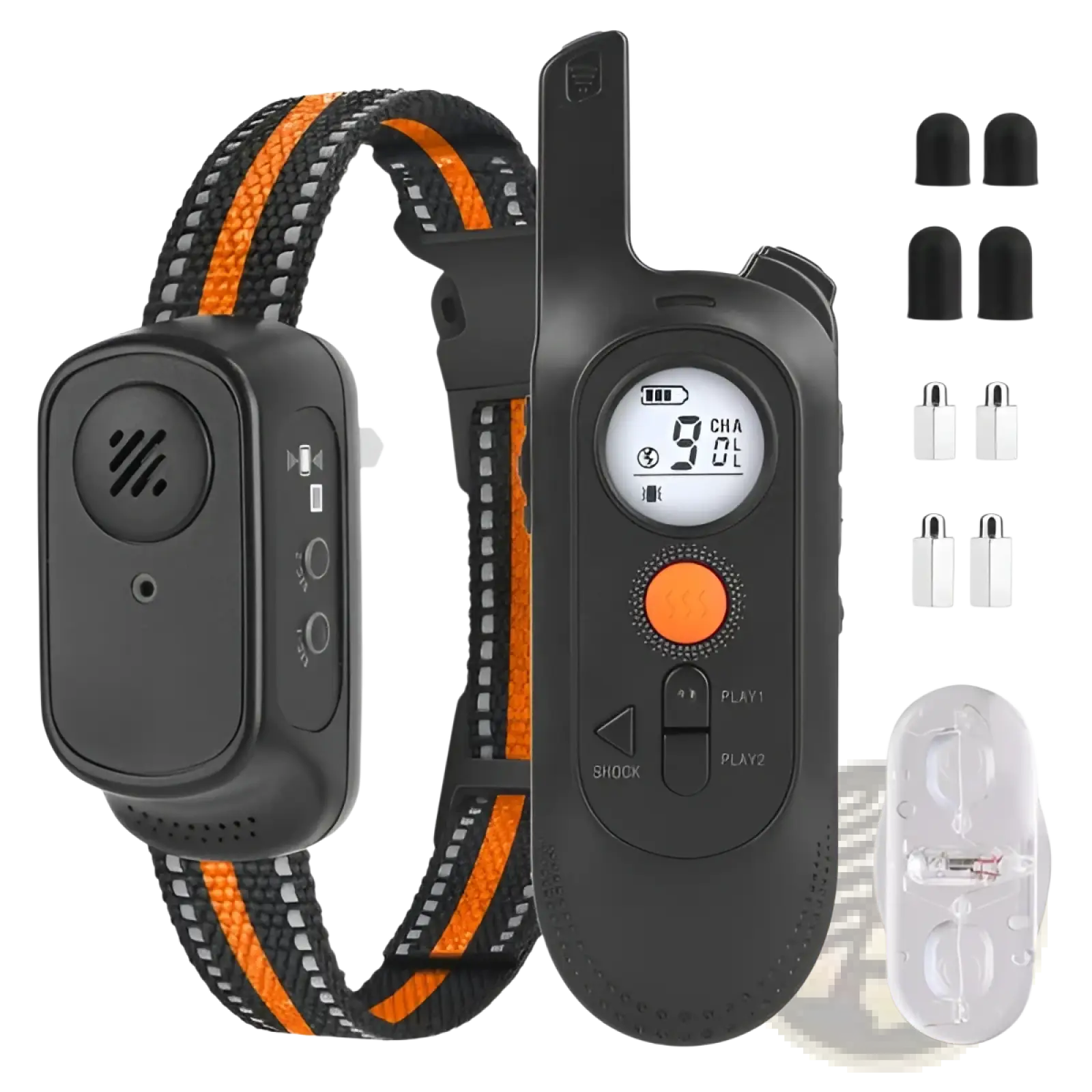 Rechargeable black and orange dog training collar with remote featuring lcd screen displaying channel settings