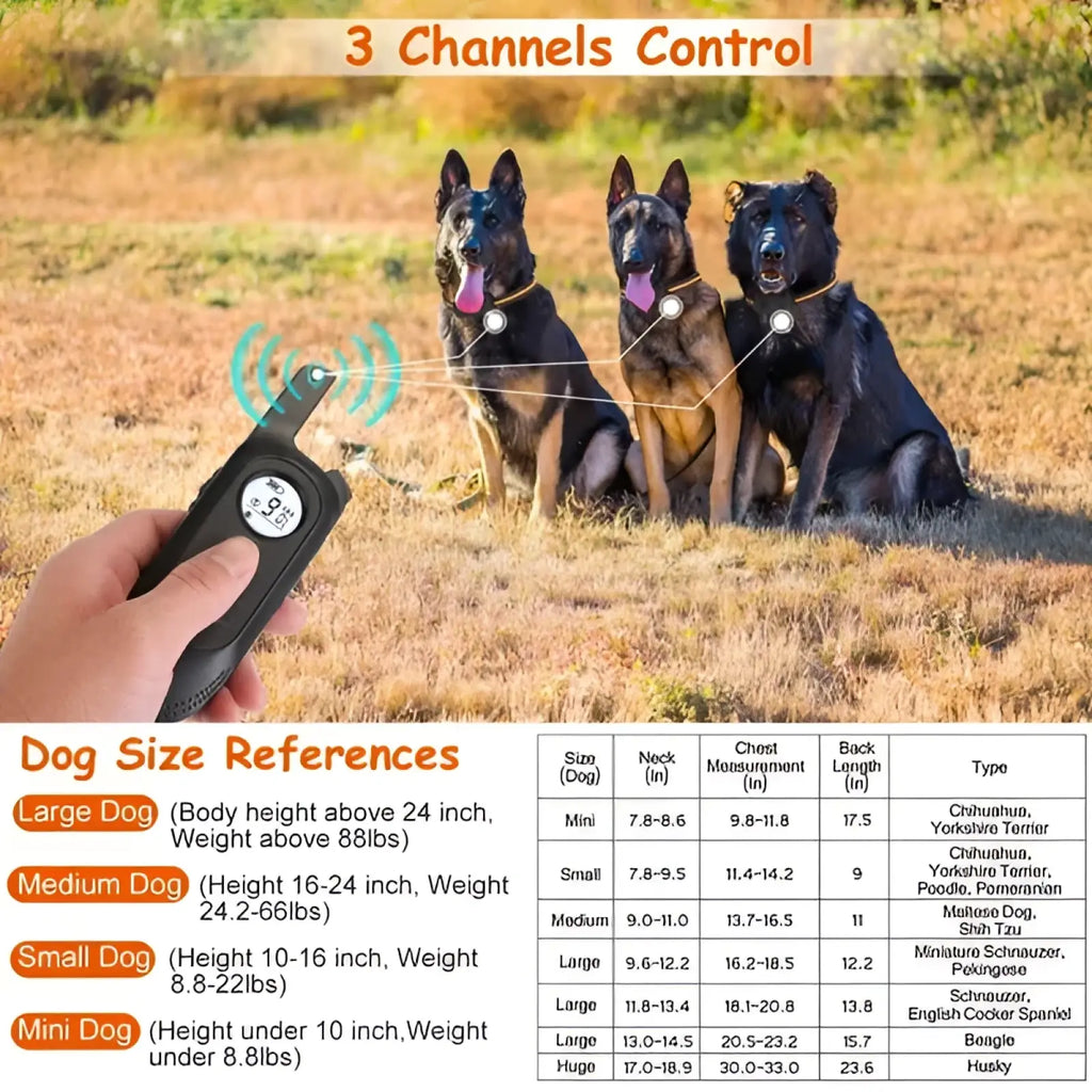 Black rechargeable dog training collar remote control with digital display and wireless signal icons for training use