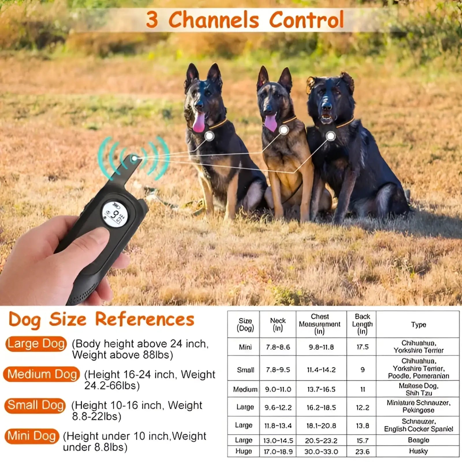 Black rechargeable dog training collar remote control with digital display and wireless signal icons for training use