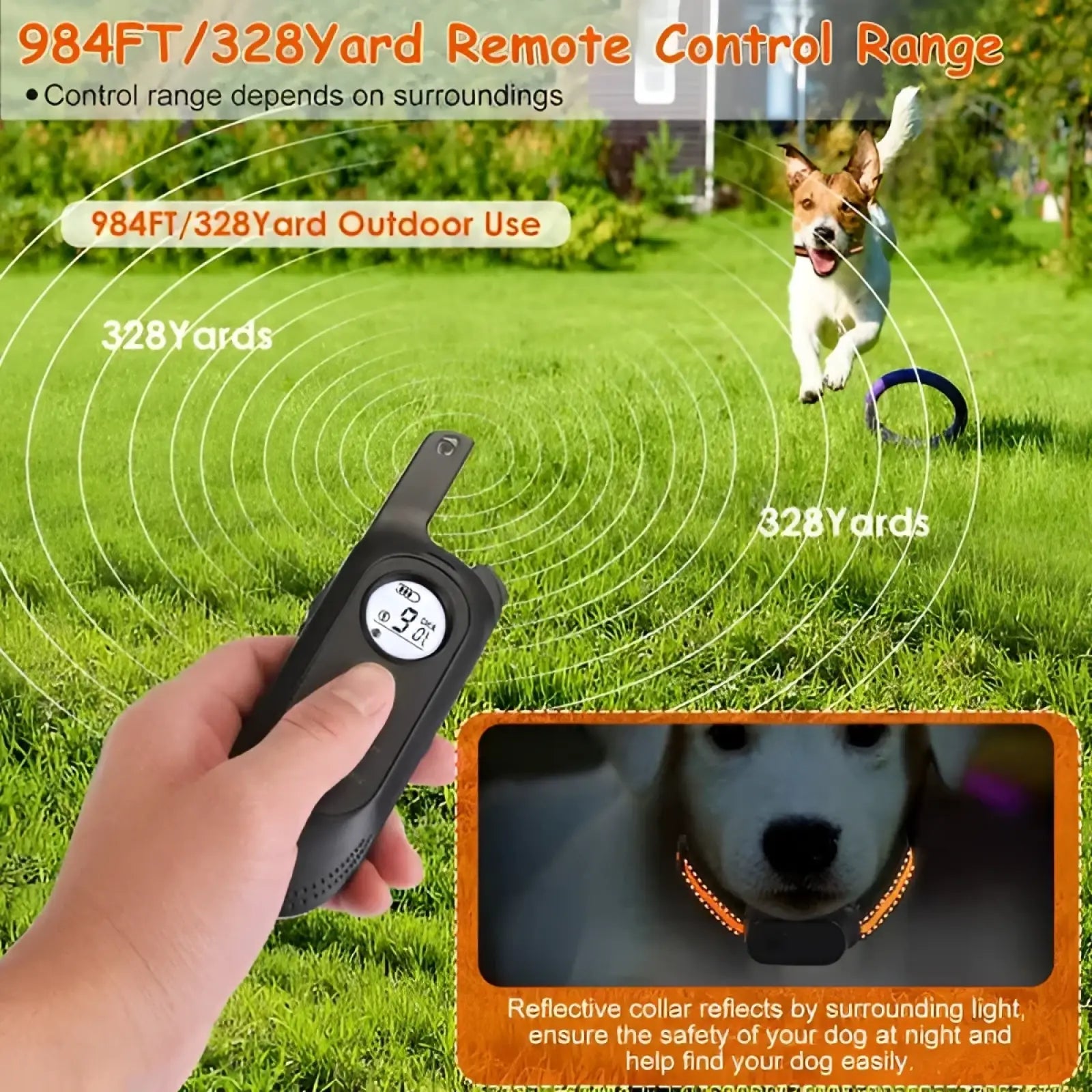 Black rechargeable dog training collar remote control with digital display and textured grip for outdoor use up to 328 yards