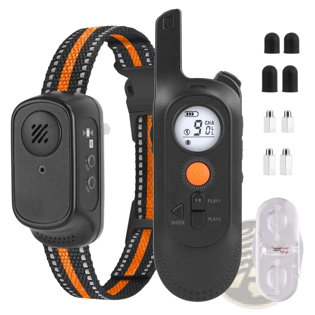 Black and orange rechargeable dog training collar with remote featuring lcd screen displaying channel settings