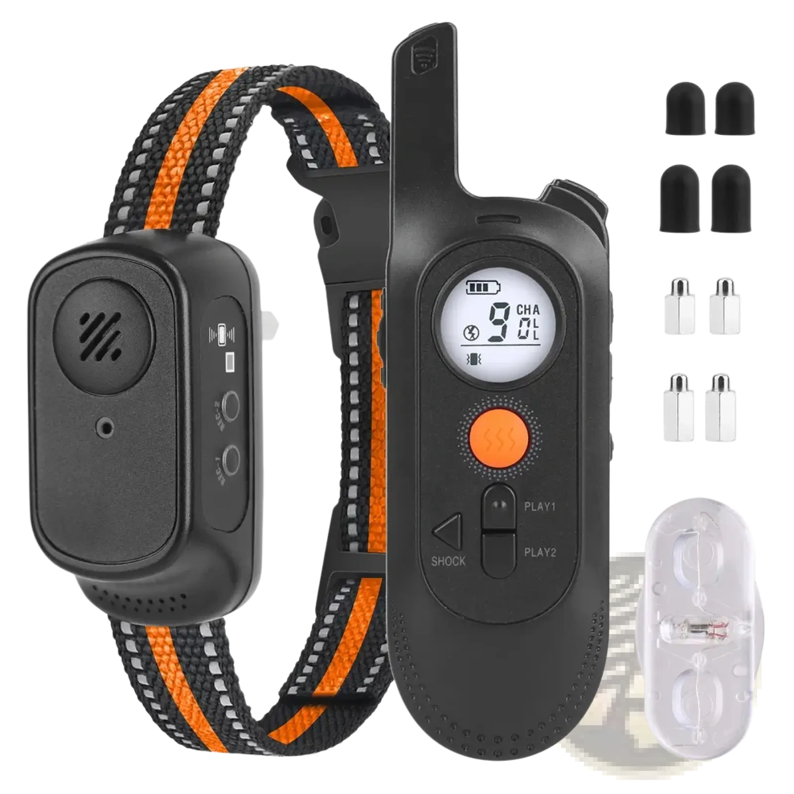 Black and orange rechargeable dog training collar with remote featuring lcd screen displaying channel settings