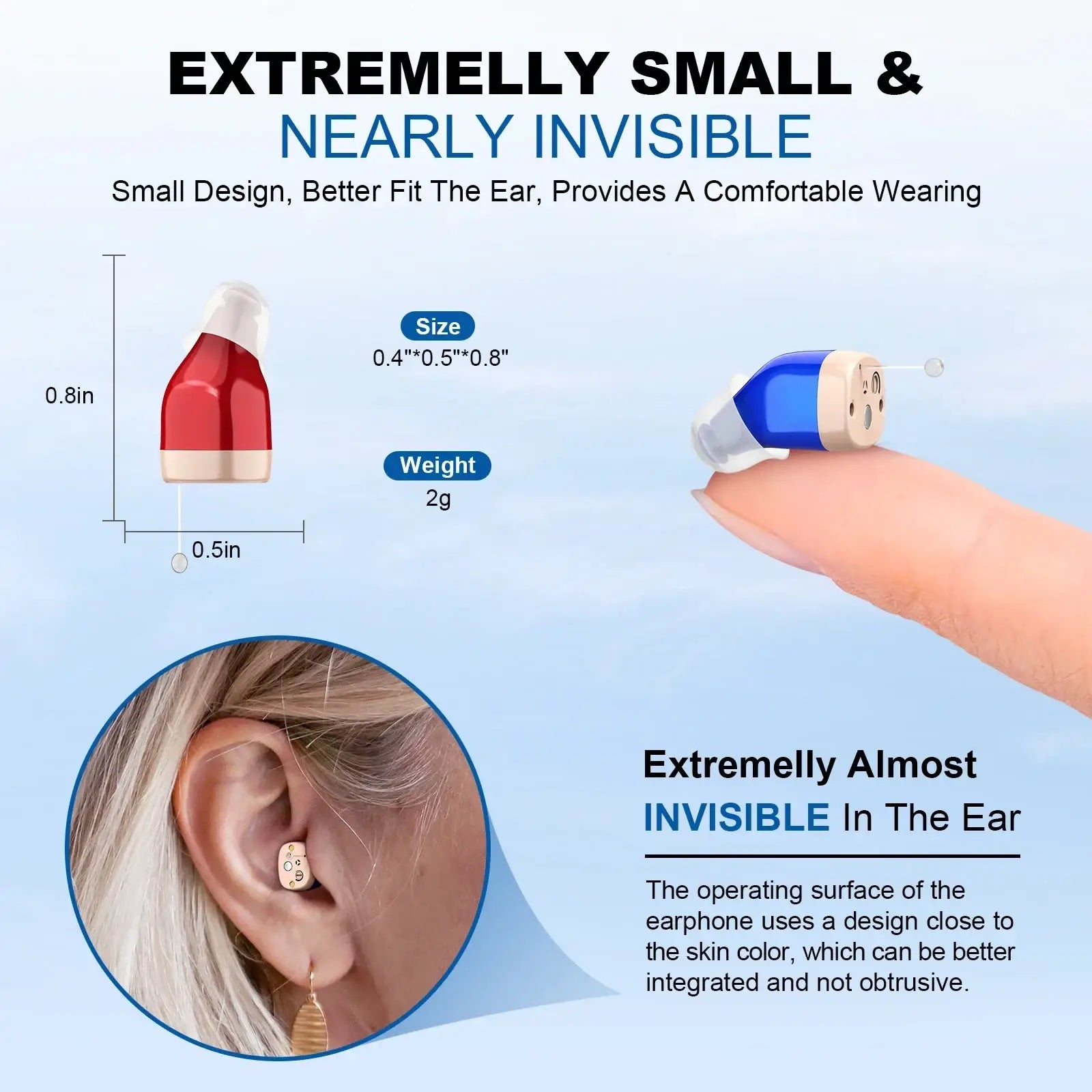 Rechargeable in-ear hearing aid amplifier with sleek design in red beige or blue beige for discreet ear integration