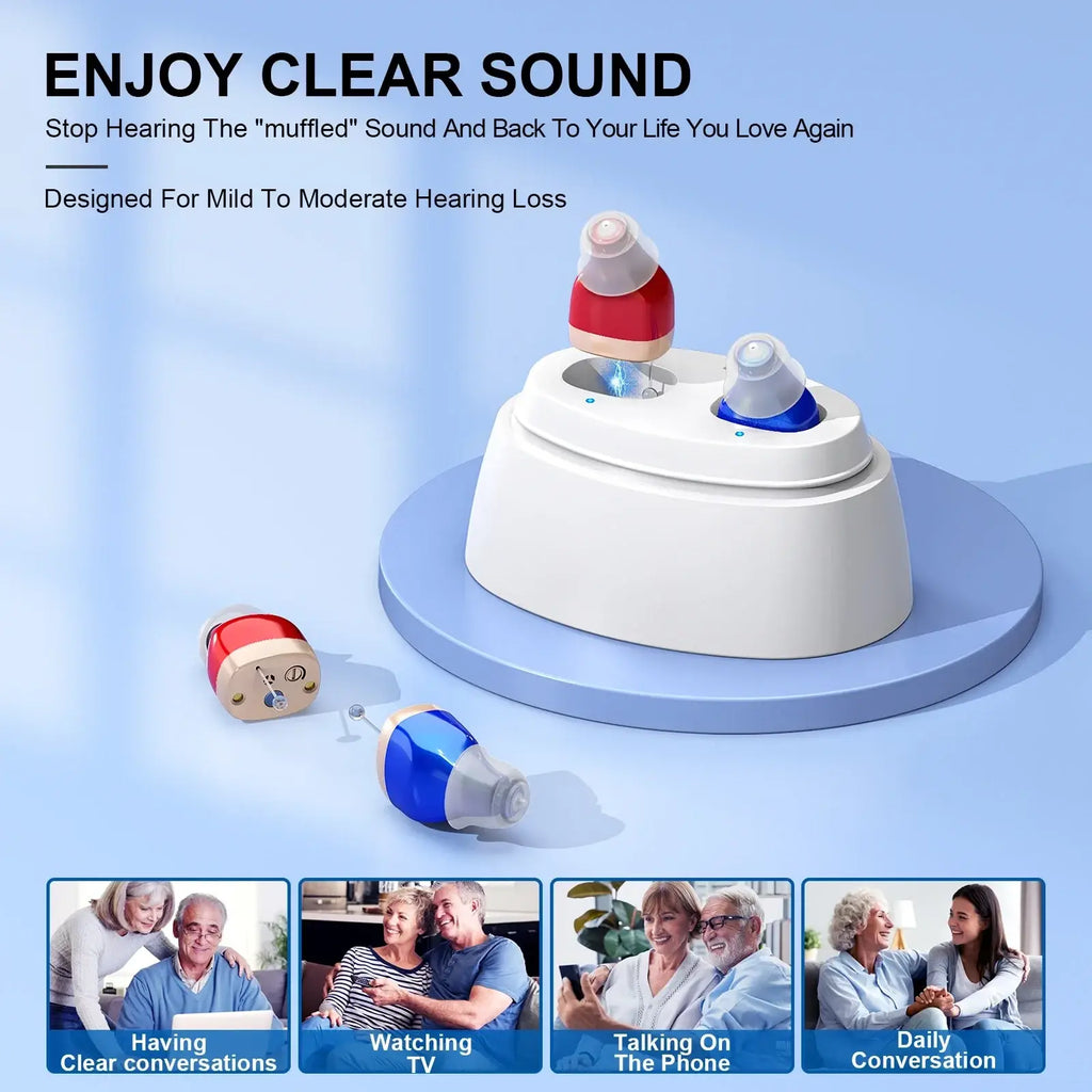 Rechargeable in-ear hearing aid amplifiers in red and blue with a white charging base for wireless charging