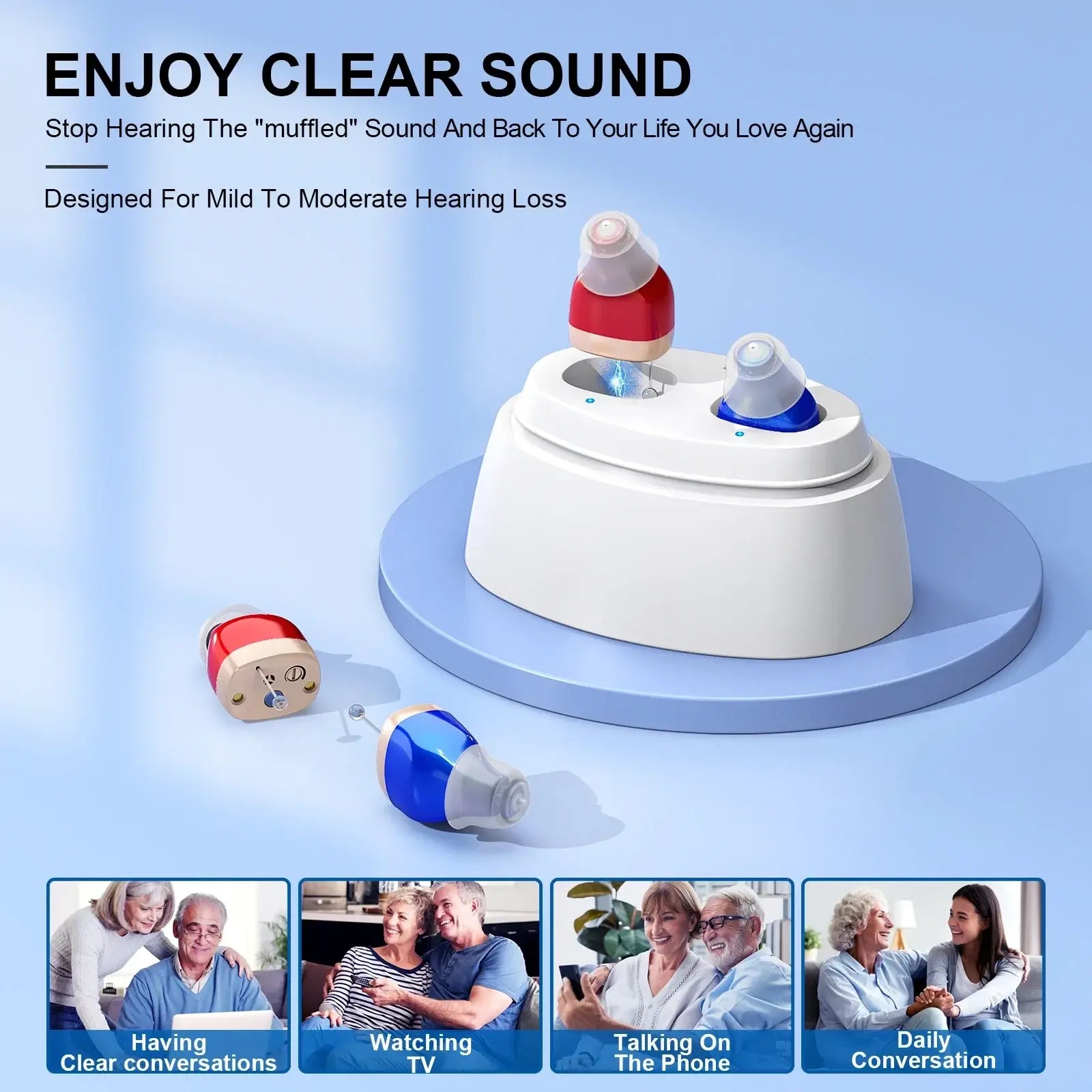 Rechargeable in-ear hearing aid amplifiers in red and blue with a white charging base for wireless charging