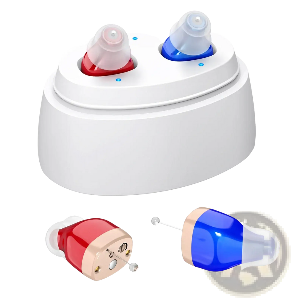 White charging case holding red and blue rechargeable in-ear hearing aid amplifiers with clear silicone tips