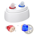 White charging case holding red and blue rechargeable in-ear hearing aid amplifiers with clear silicone tips