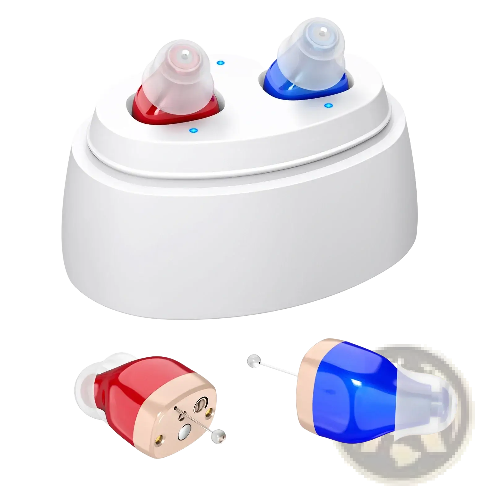 White charging case holding red and blue rechargeable in-ear hearing aid amplifiers with clear silicone tips