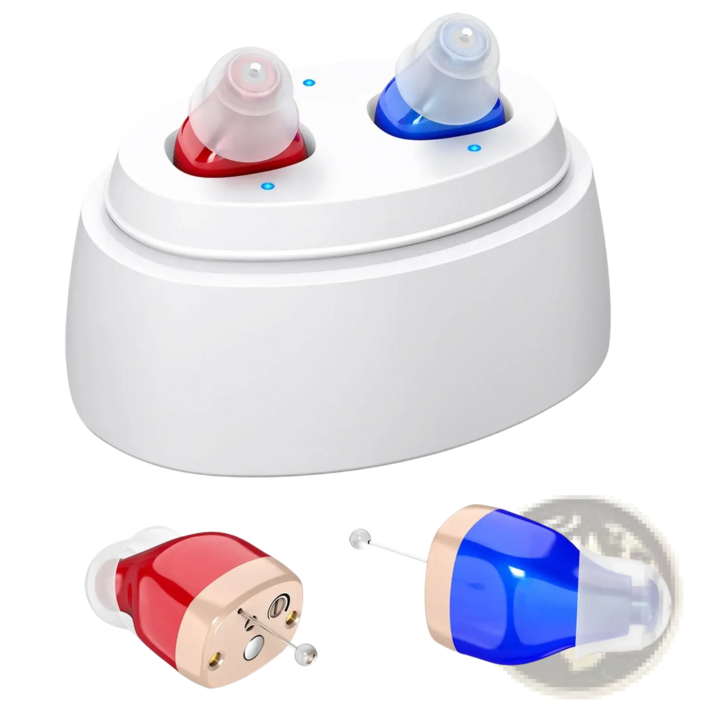 Rechargeable in-ear hearing aid amplifiers with white charging case and red and blue hearing aids with translucent silicone tips