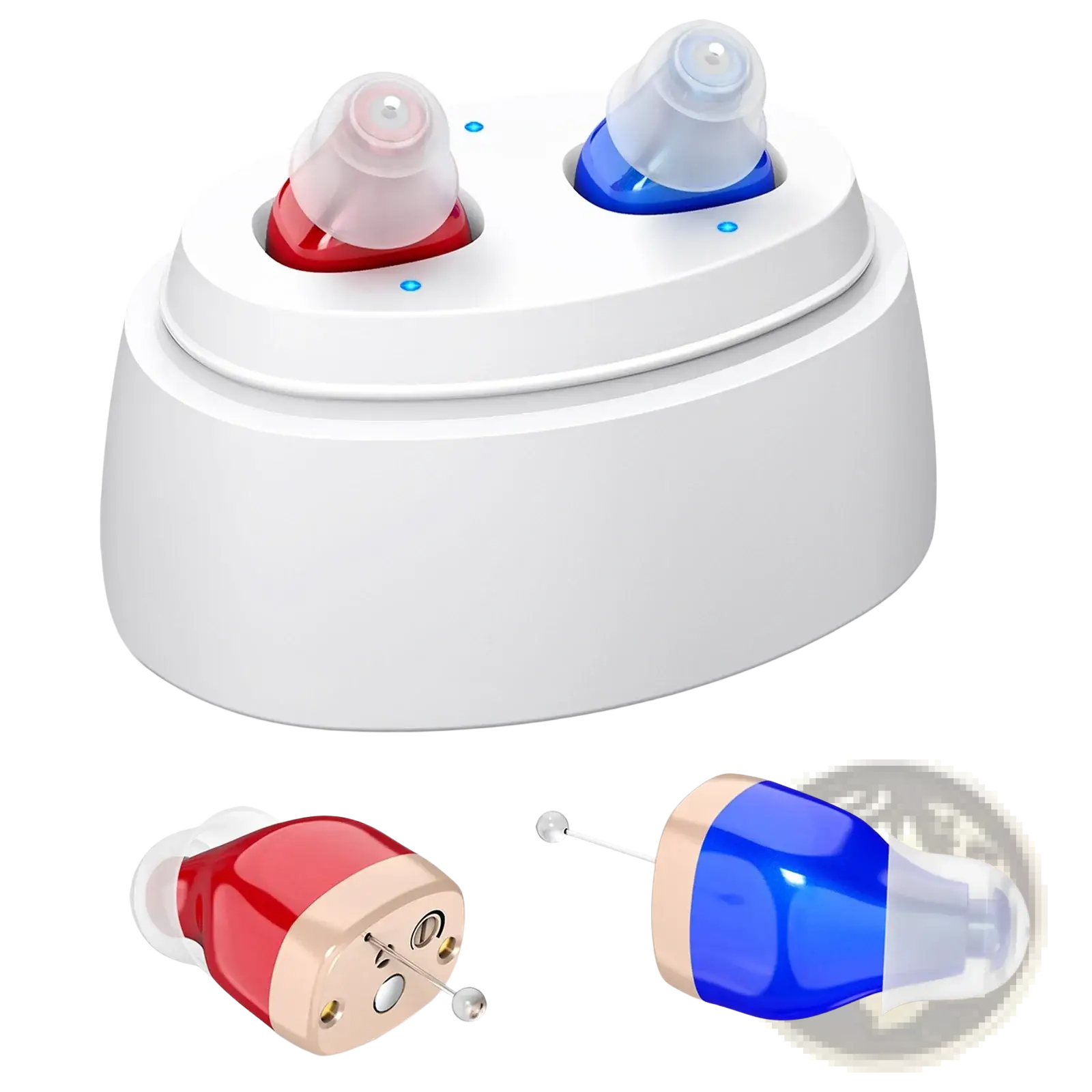 Rechargeable in-ear hearing aid amplifiers with white charging case and red and blue hearing aids with translucent silicone tips