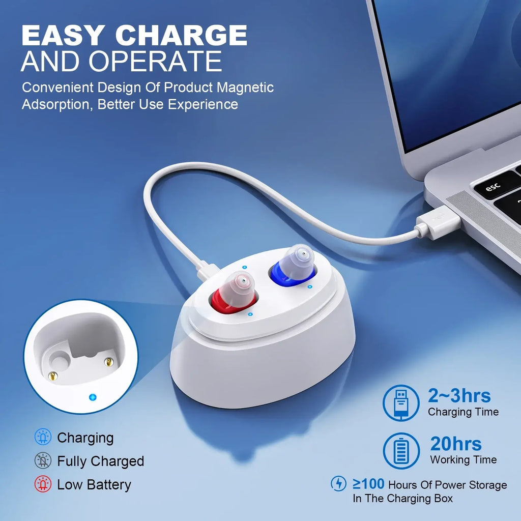 White magnetic charging dock with red and blue earbuds for rechargeable in-ear hearing aid amplifiers wireless charging