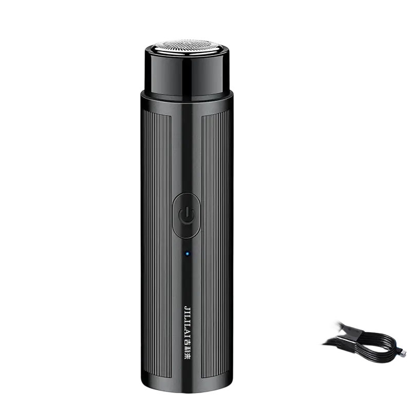 Black rechargeable electric mini shaver with textured ridges and circular power button for travel with long battery life