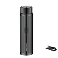 Black rechargeable electric mini shaver with textured ridges and circular power button for travel with long battery life
