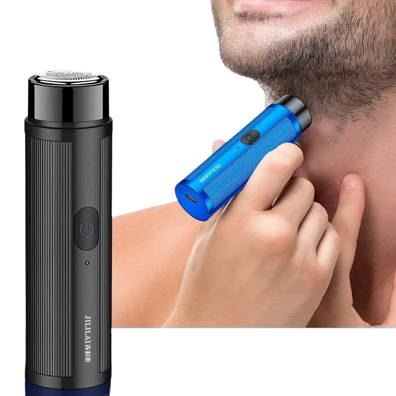 Blue and black rechargeable electric mini shaver with turbine rotating blade design and long battery life for travel use