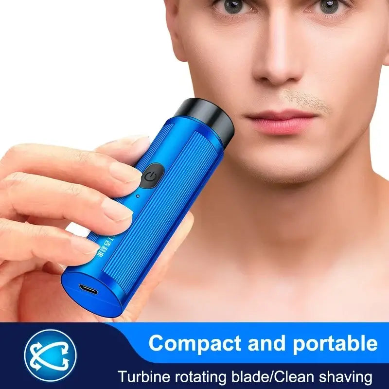 Blue rechargeable electric mini shaver with black accents and textured grip designed for travel and long battery life