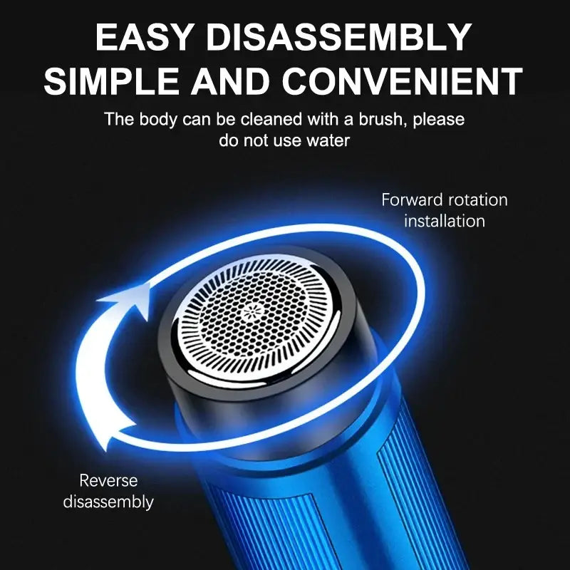 Blue rechargeable electric mini shaver with perforated circular head and textured grip for travel battery life optimization