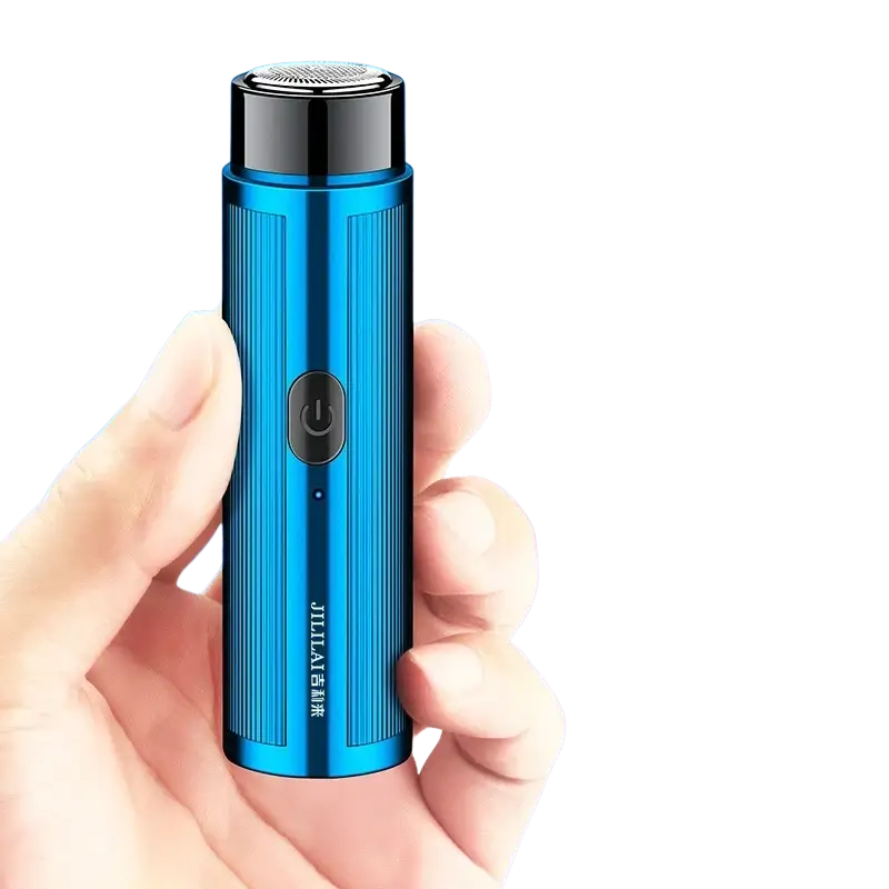 Blue metallic rechargeable electric mini shaver with black top and power button designed for travel with long battery life