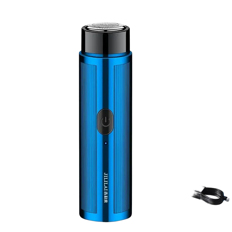 Blue metallic rechargeable electric mini shaver with black accents and power button designed for travel with long battery life