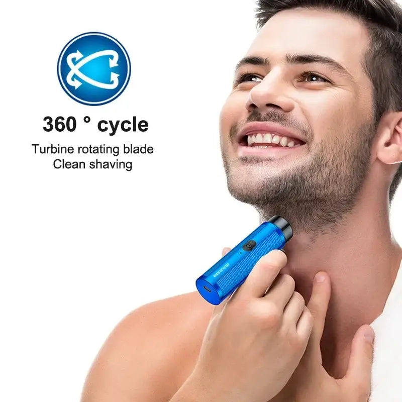 Blue rechargeable electric mini shaver with turbine rotating blade and long battery life for clean shaving and travel use