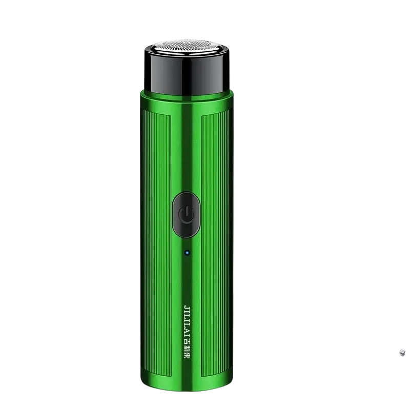 Rechargeable electric mini shaver in green metallic with black accents and vertical ridges for travel with long battery life