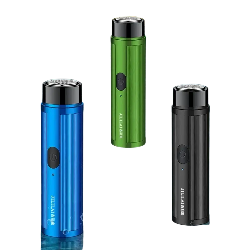 Three rechargeable electric mini shavers in blue green and black with textured metallic finish and long battery life for travel